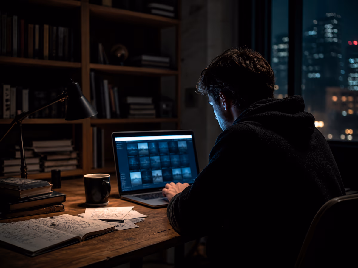 A user deeply engaged in exploring the dark web on a laptop in a dimly lit room.