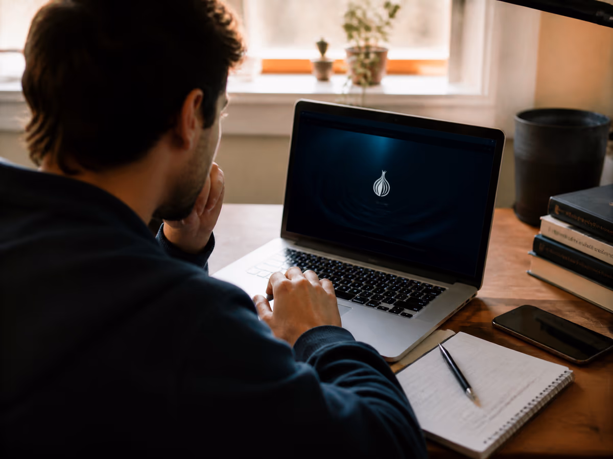 A user checking a dark web onion address in a home office setting.