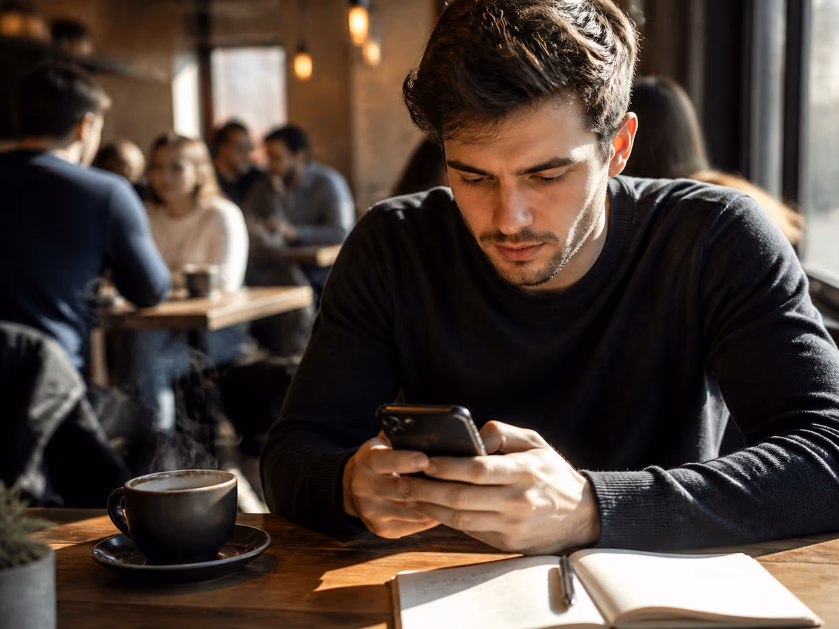 A user is verifying onion links on their smartphone while enjoying coffee in a café.