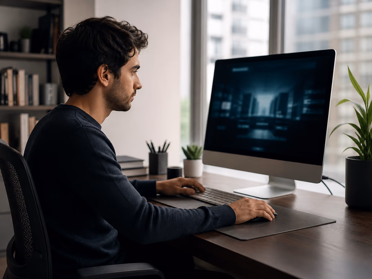 A focused user browsing deep web links on a desktop in a minimalistic office.
