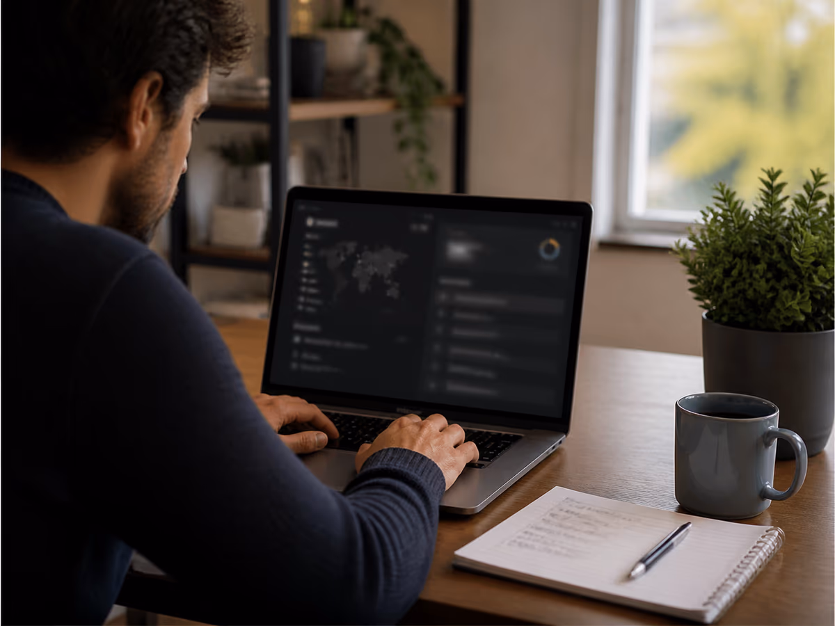 A user in a home office checks for email security alerts on their laptop.