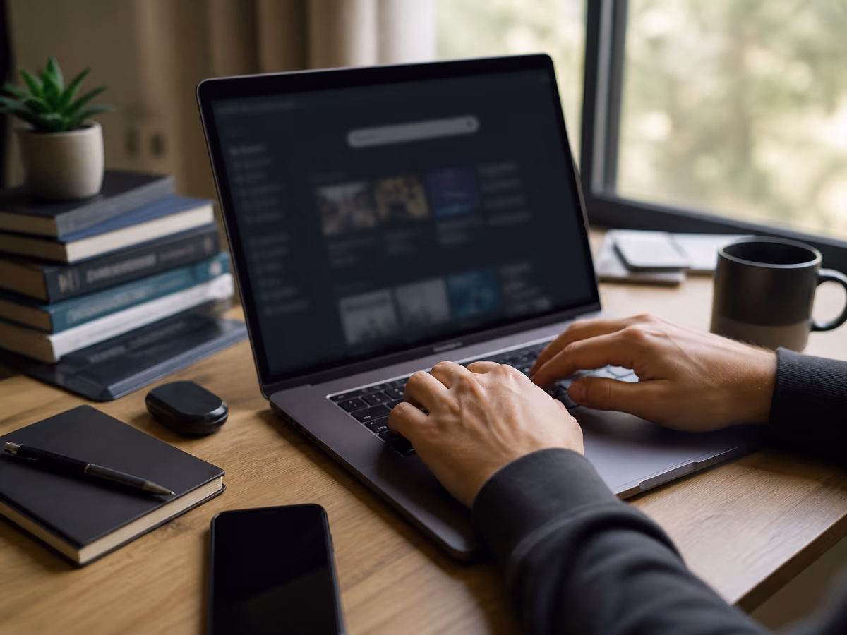A user interacting with a laptop while exploring onion websites in a cozy room.