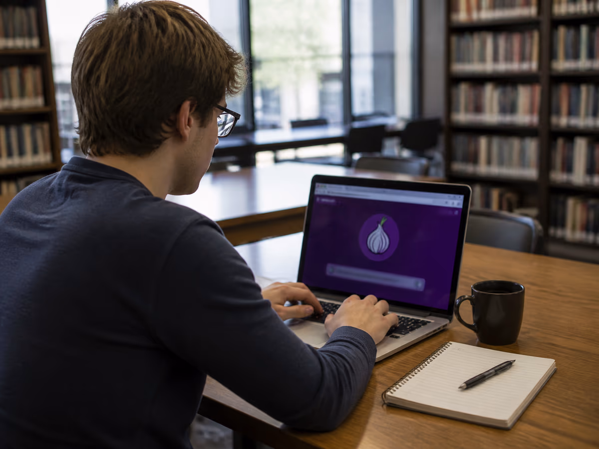 A researcher is exploring legitimate dark web resources in a library.