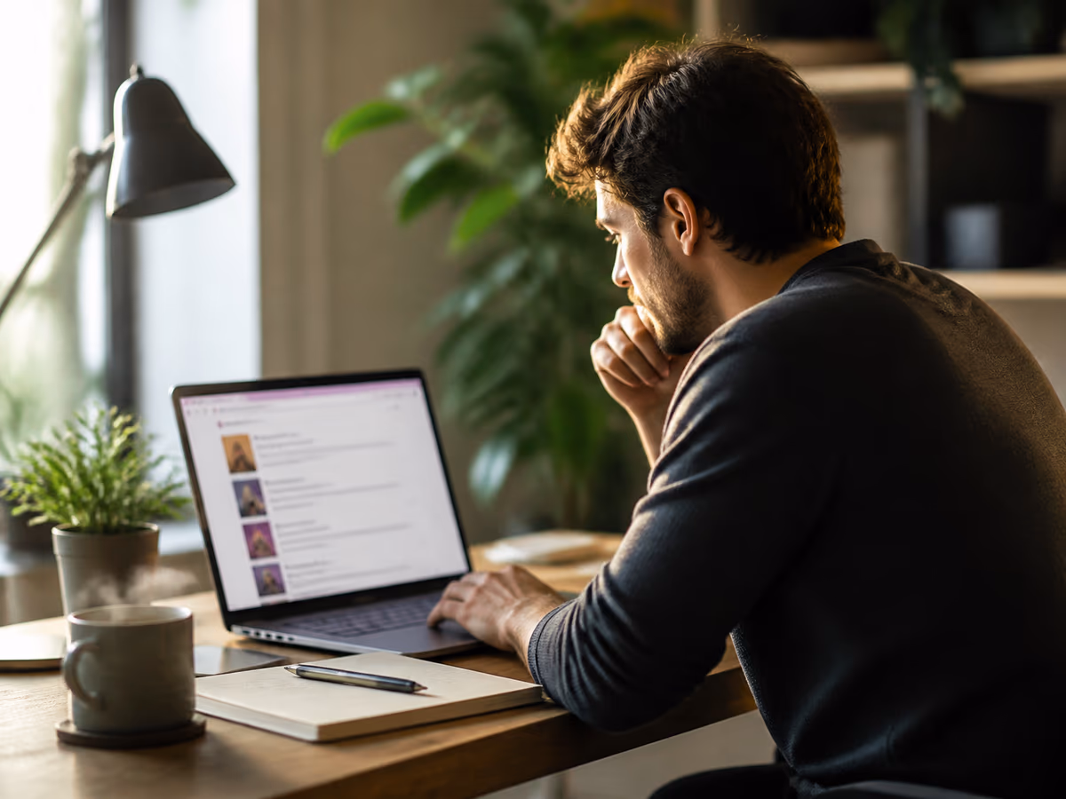 A user diligently searching for verified onion links on their laptop in a bright workspace.