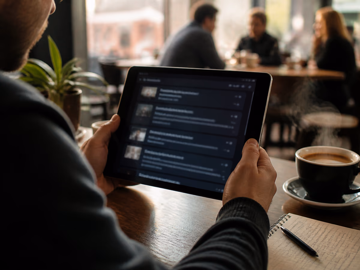 A user in a café exploring onion search engine results on a tablet.