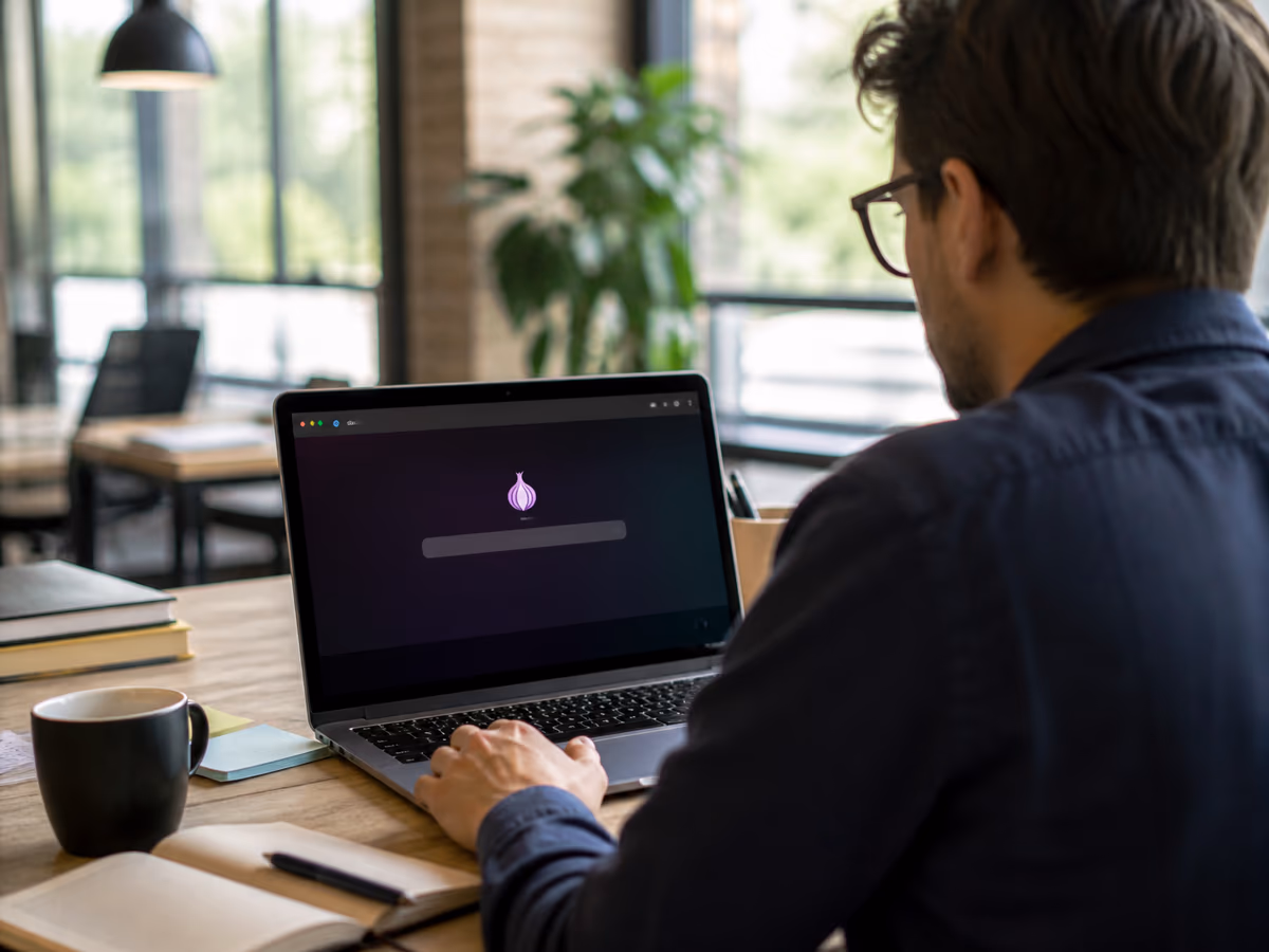 A user searches for onion sites on a laptop in a bright office environment.