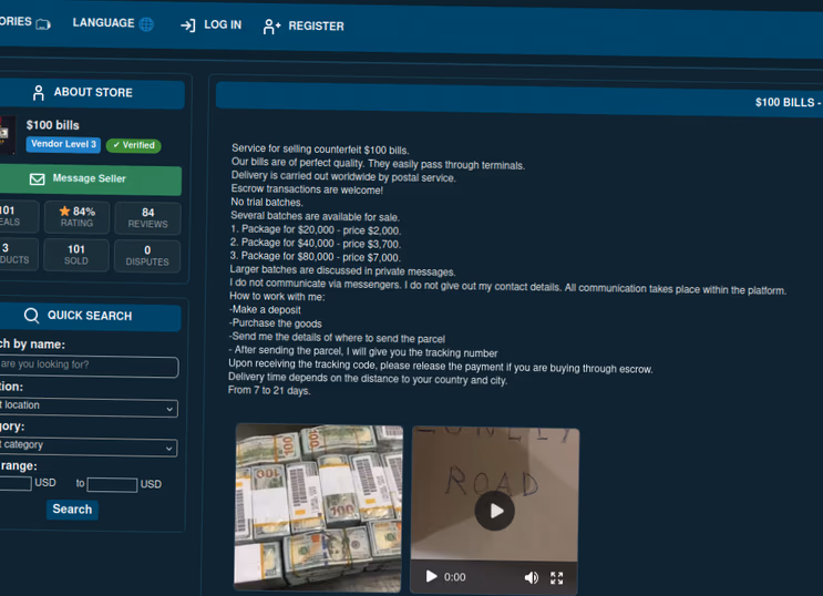 Counterfeit dollar marketplace interface shown in Derek’s case