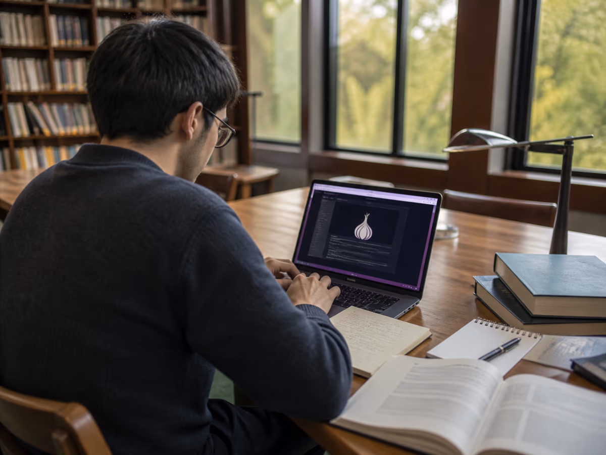 A person diligently researching dark web onion links in a library setting.