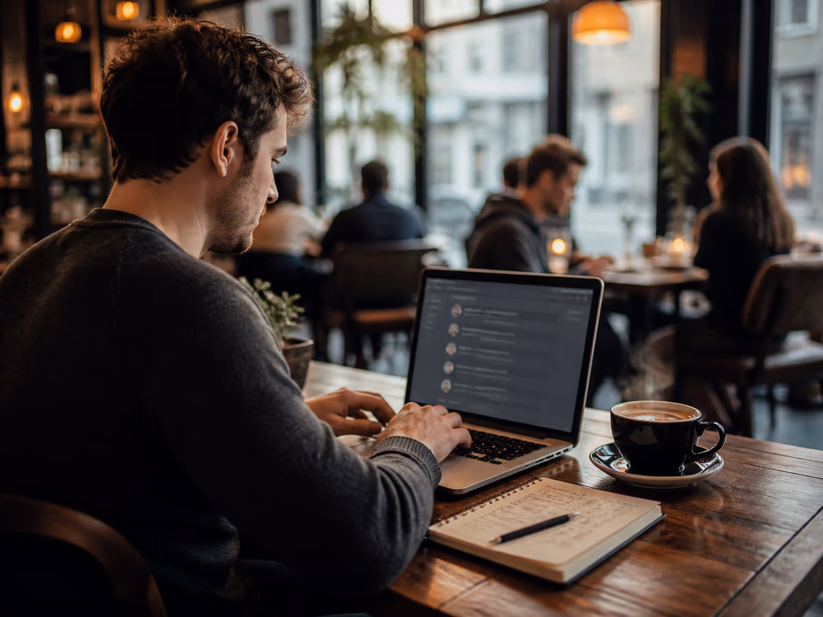 A person is engaged in browsing Tor onion links in a contemporary café setting.
