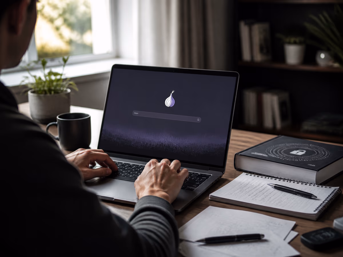 A user focuses on the Torch onion search engine in a home office setting.